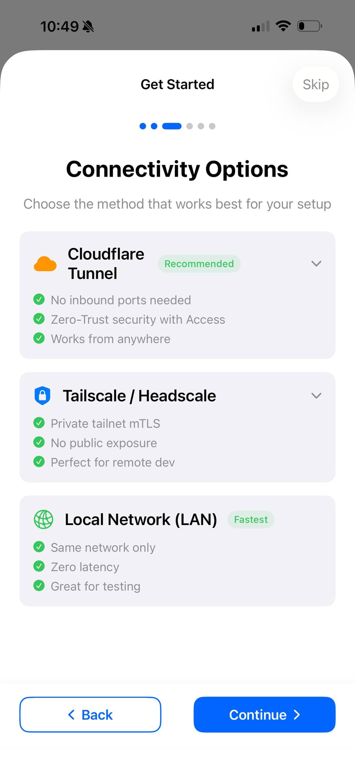 Connectivity selection screen listing Cloudflare, Tailscale, and LAN
