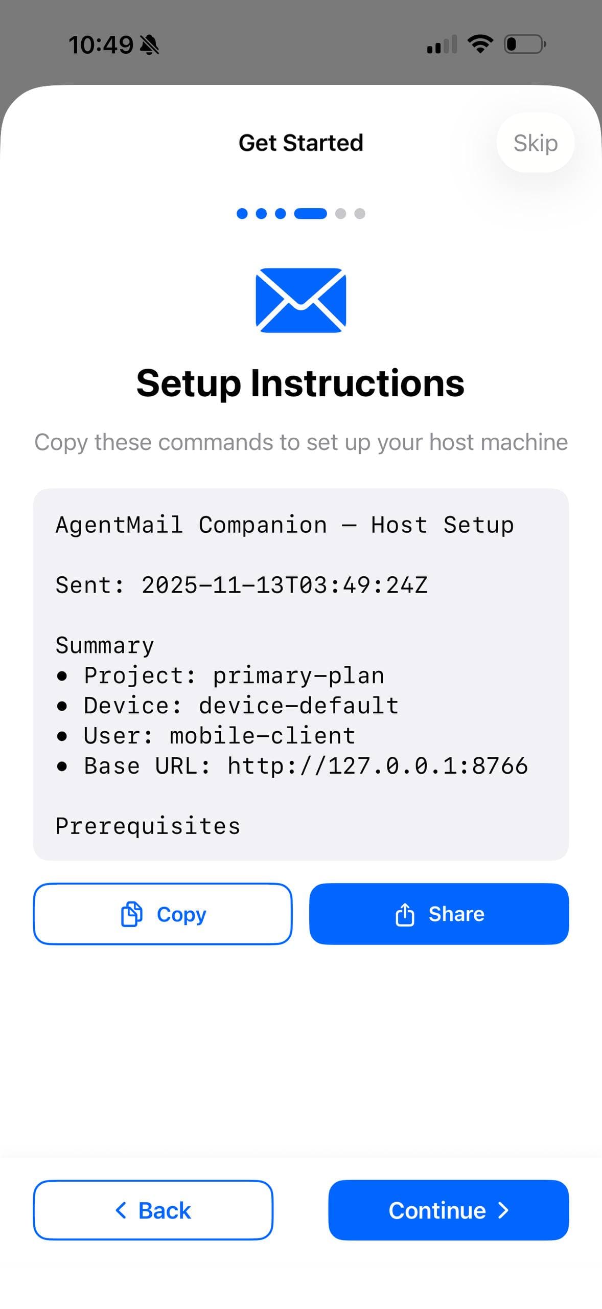 AgentMail Companion setup instructions with copy/share actions