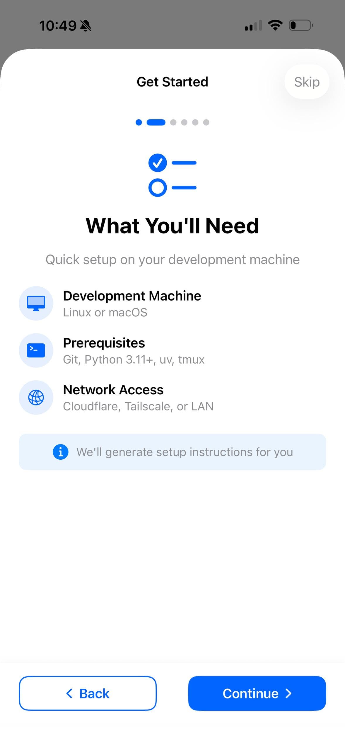 Checklist showing devices, prerequisites, and network access needed
