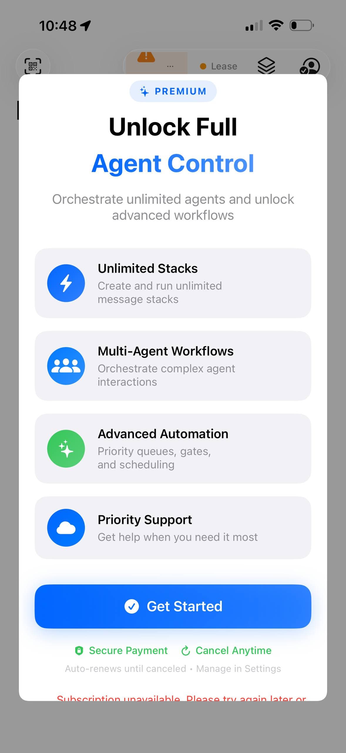 Upgrade screen listing premium AgentMail Companion features